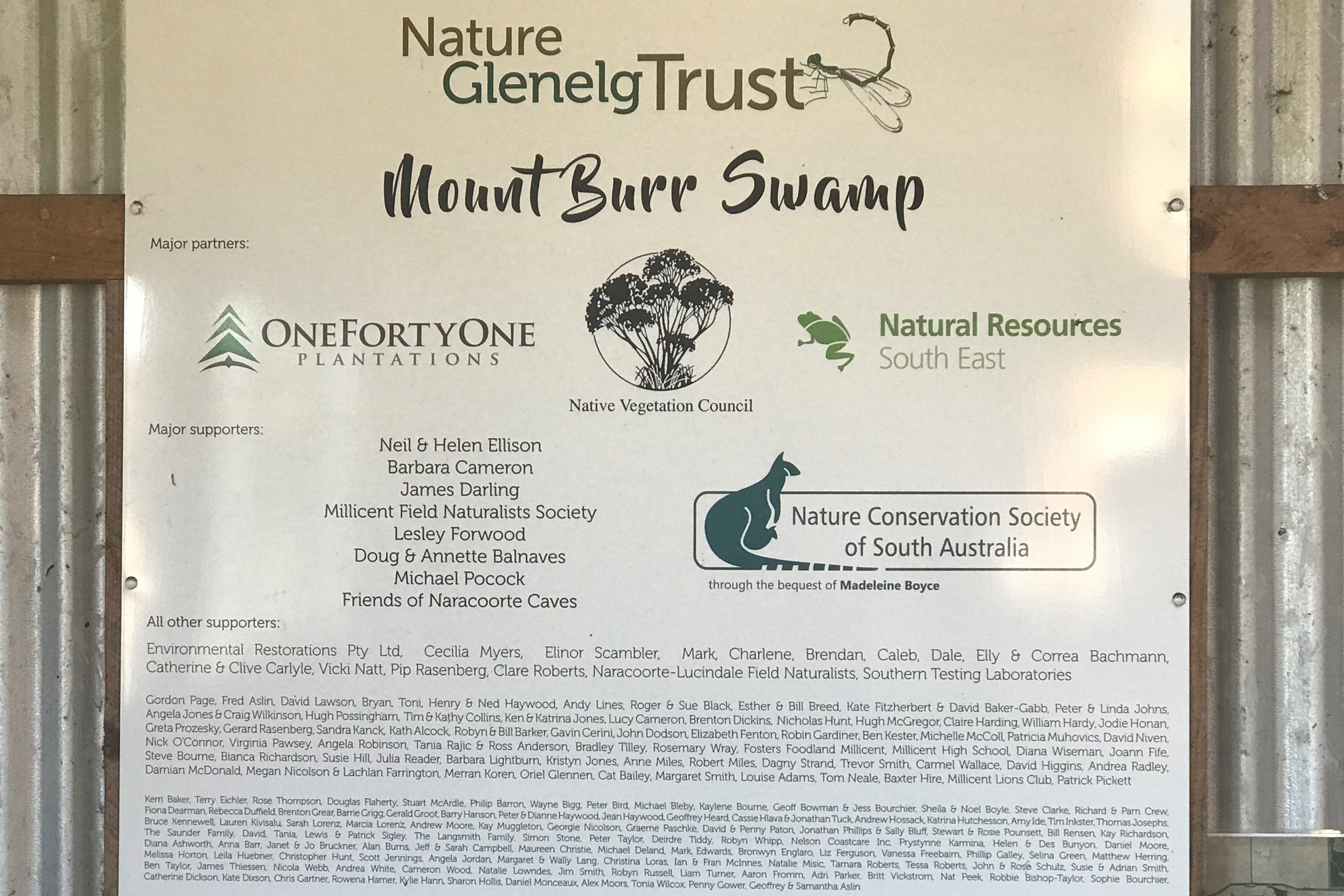 Mount Burr Swamp project partner and supporter acknowledgement board
